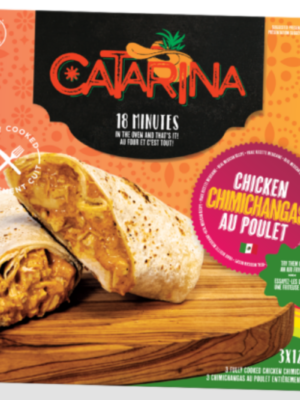 Image de chimichangas au poulet en boîte, garnies de viande savoureuse, de haricots et de fromage, prêtes à être dégustées. 3 produits par boite.