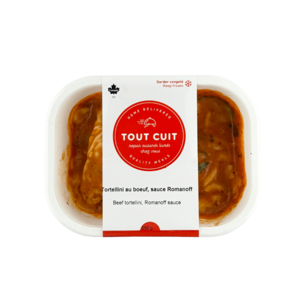 image du dessus de la boite de notre repas préparé de Tortellini au boeuf et sauce Romanoff de la marque Tout Cuit