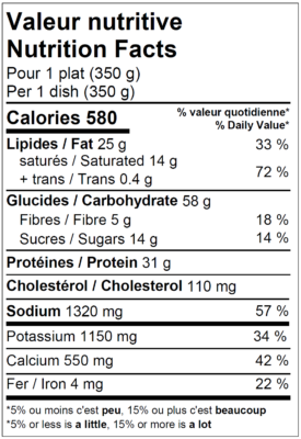 Valeur nutritive des manicottis aux épinards vendus par AppétitGo.