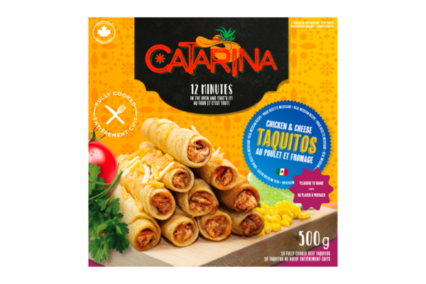 Taquitos croustillants garnis de poulet tendre et de fromage fondant, présentés dans une boite de la marque Catarina. Boite de 10 produits surgelés.