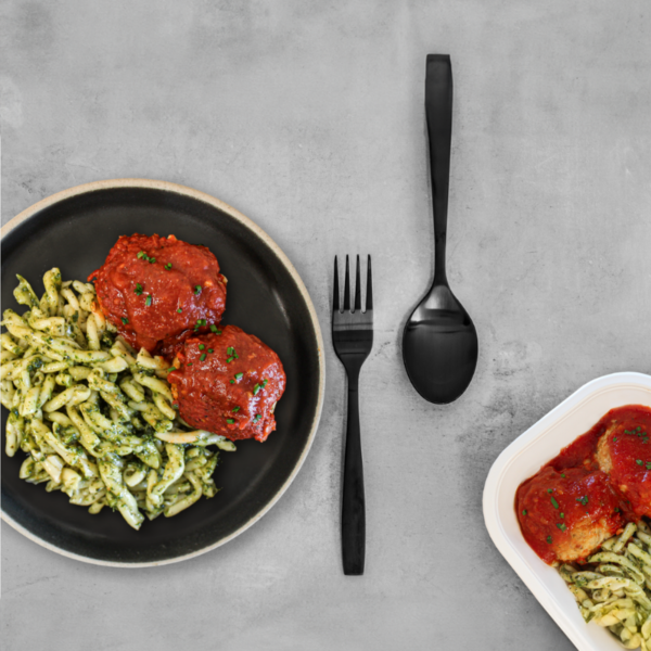 Polpette et gemelli au pesto