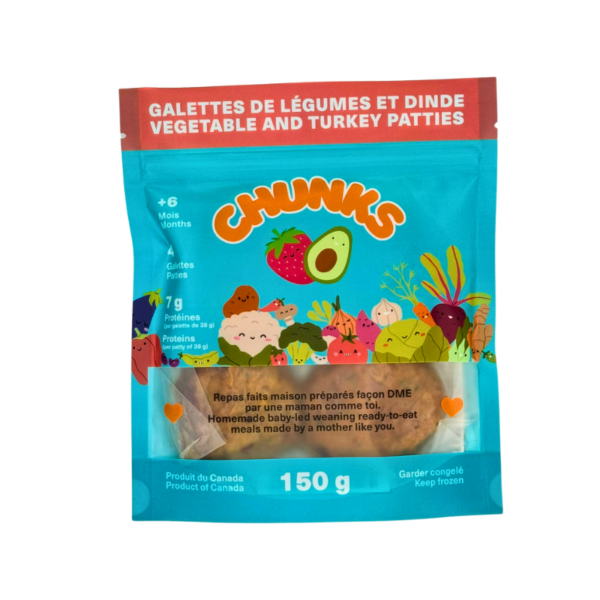 Vu du devant de l'emballage des galettes de légumes et dinde de la marque Chunks, vendu par Appétit Go.