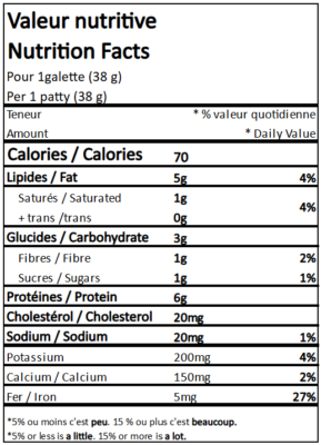 Valeur nutritive des galettes de dinde et légumes de la marque chunks, vendu par Appétit Go.